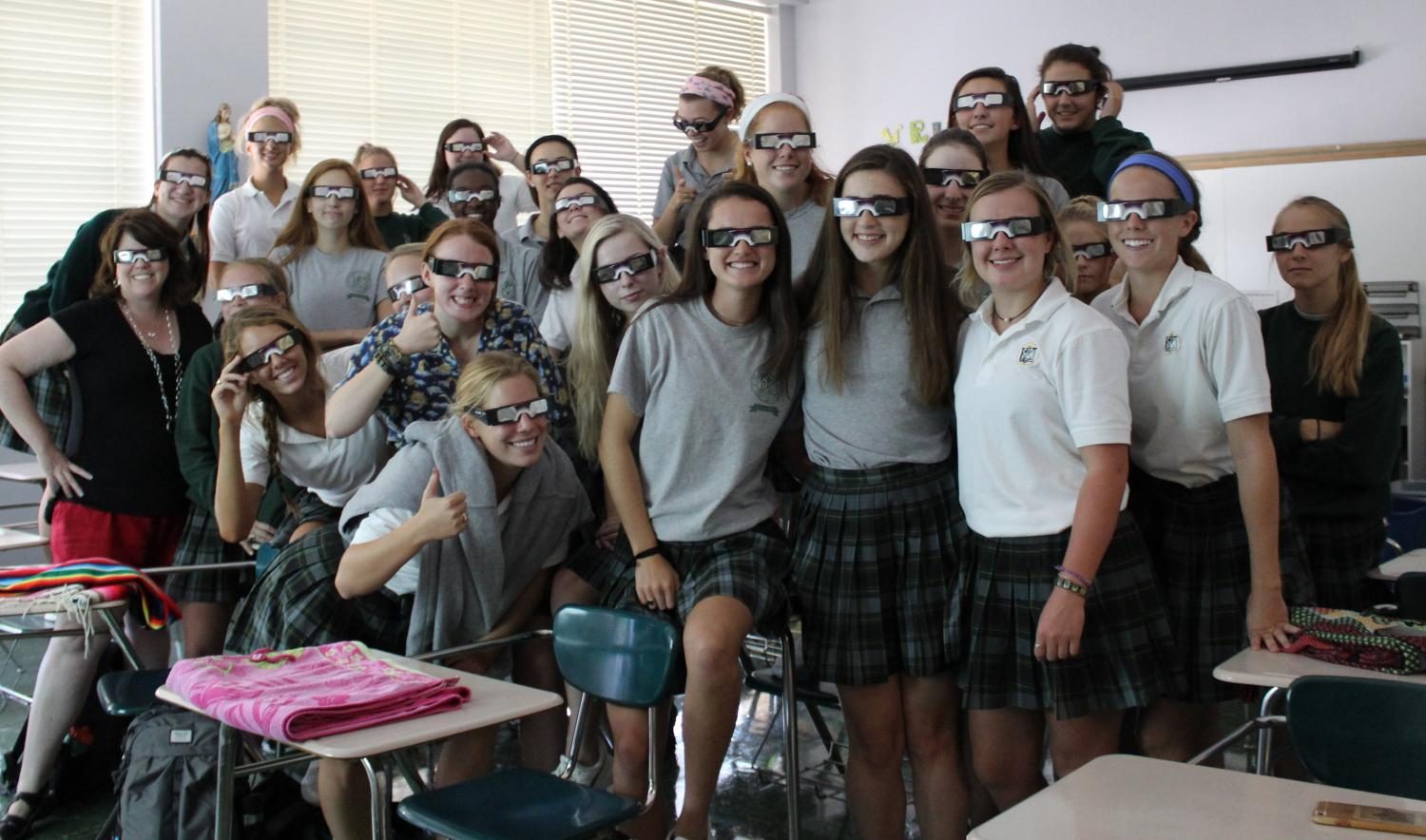 Mrs. Summers  senior homeroom 4C prepares to go outside to view the eclipses on Aug. 21.
