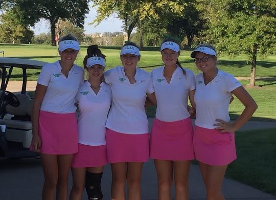 The golf team, (from left to right freshman Drew Nienhaus, freshman Nicole Rallo, senior Grace Renfer, junior Lauren Gallagher, and sophomore Grace Aromando), poses for a photo at State, at Sedalia Country Club on October 9th. 

Photo courtesy of the SJA golf team