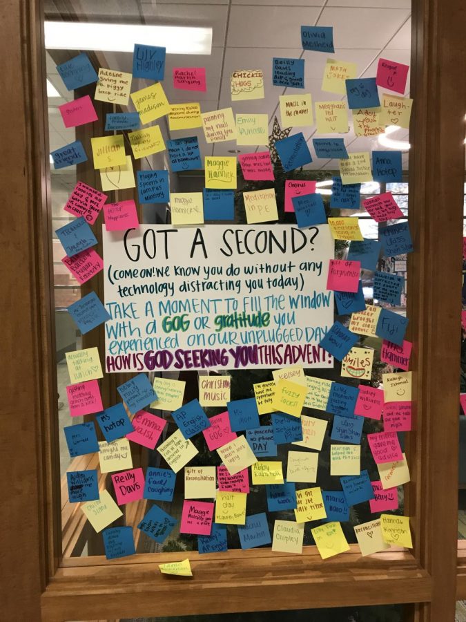 During “Unplugged Day” Campus Ministry encouraged students to “post” their thoughts on post-it notes throughout the day. St. Joe’s own wall without social media.