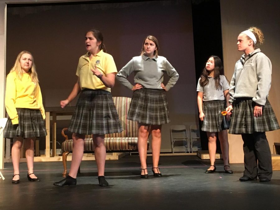 (Left to right) Maggie Kutz as Meg, Hannah Kinnison as Jo, Mary Hayes as Marmie, Julia Ringhausen as Beth, Rosie Schibig as Amy. 