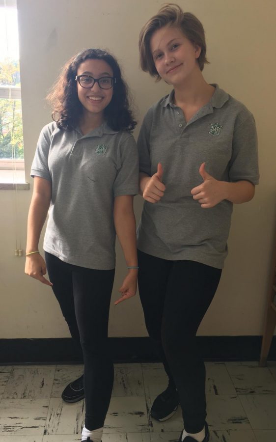 Ava Perreand, Jazzy Saliba, and the rest of the St. Joe girls are excited about the new dress code around wearing leggings!  (Photo Claire Price)
