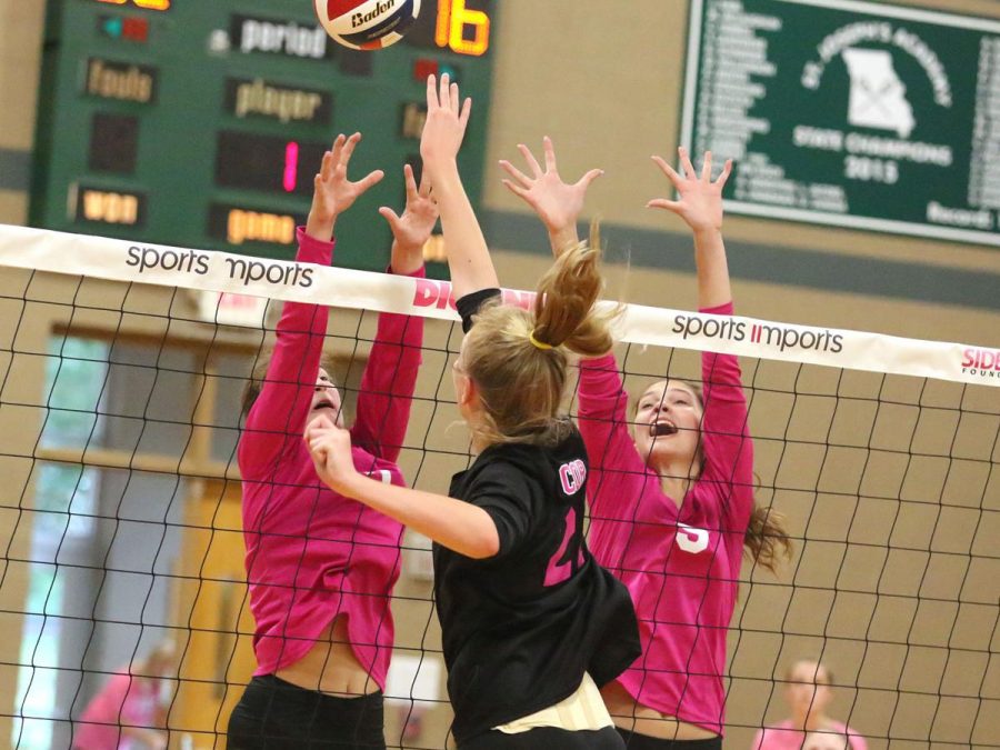 Photo courtesy of Paul Kopsky. 
Gabbie Noonan and Amanda Meyer block a ball during the Dig Pink game. 
