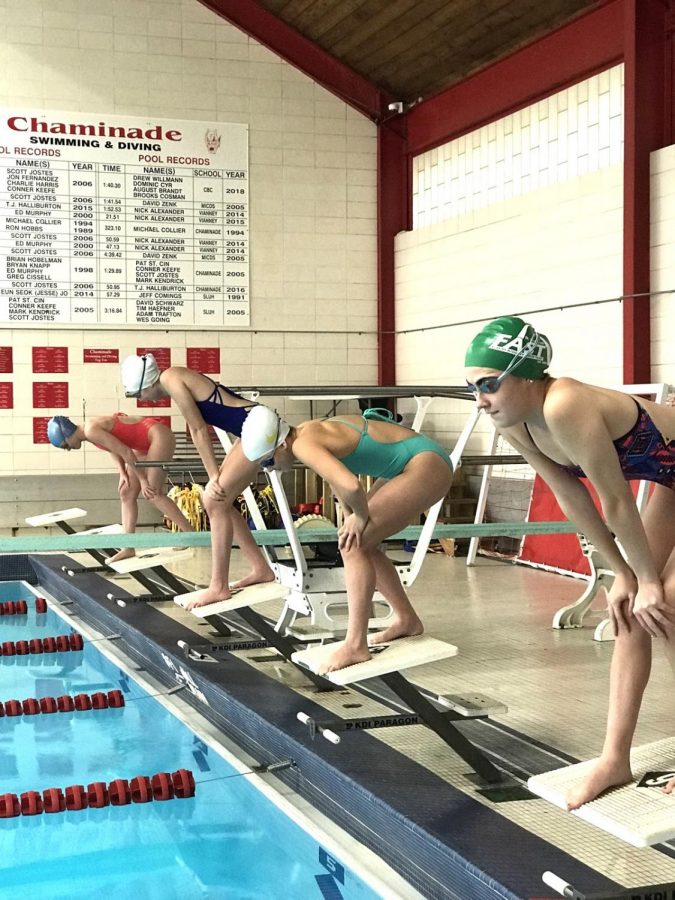 Senior Gretchen Allman and her fellow divers preparing to swim at practice.
