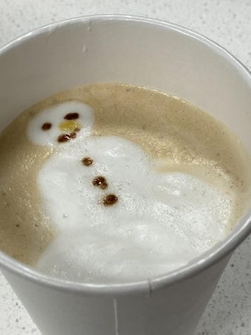 Latte art in a peppermint white chocolate mocha.