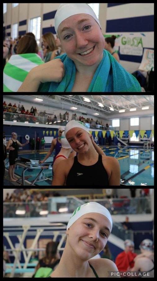 3 of our swim seniors, Annie Marquitz, Alyssa Yelton, and Olivia Spalitto cheesing at the camera in between their races during their senior night!