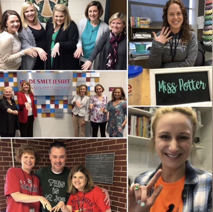 Teachers who are alums of St. Joe showing off their Jr. Rings.