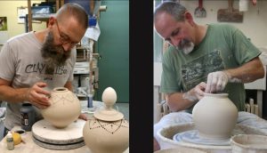 Pottery Boys Glenn Woods (left) and Keith Herbrand (right) create pieces on the wheel.