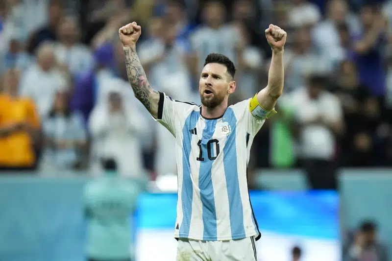 Lionel Messi celebrates his goal in the 2022 World Cup match. 