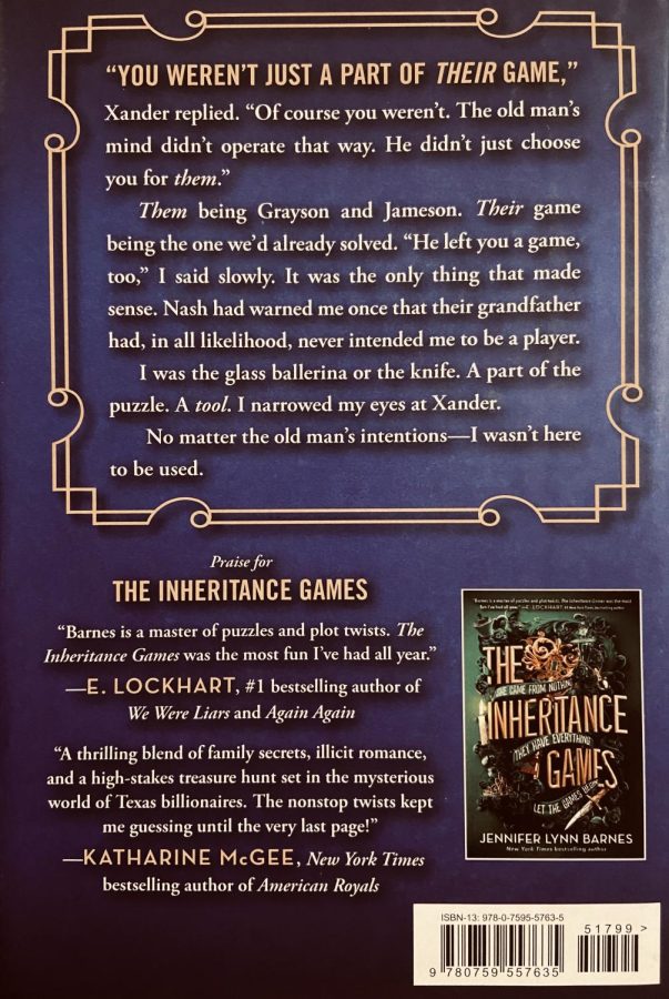 A picture of the summary on the back cover of The Hawthorne Legacy by Jennifer Lynn Barnes. 