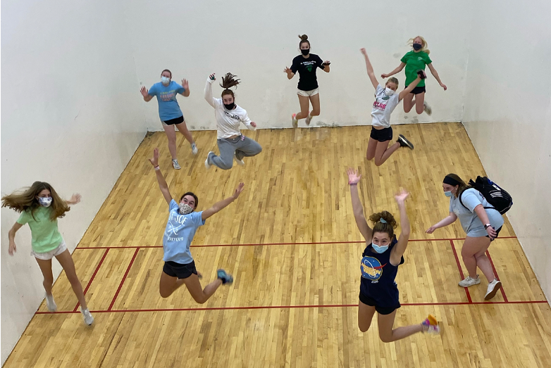St. Joe Junior Varsity Raquetball team having fun at practice.